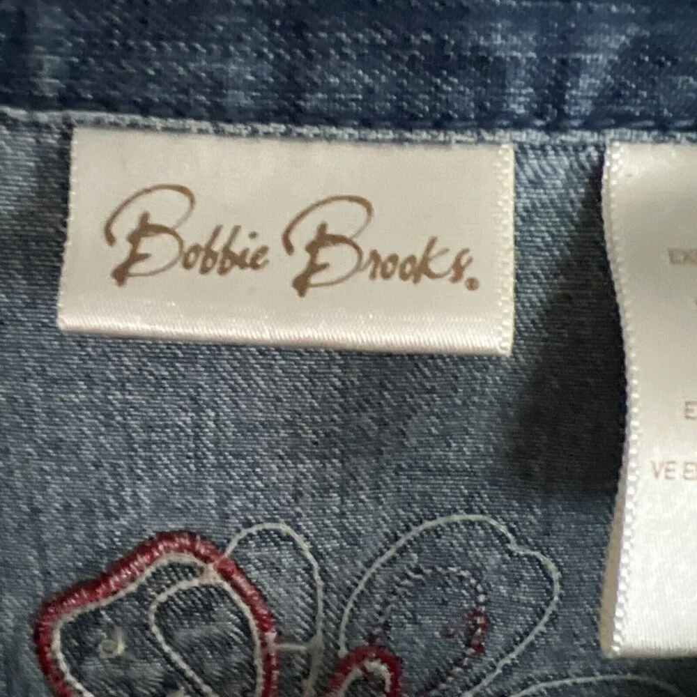 VTG Bobbie Brooks Womans XL Denim Flower Patch Embroidery Button Shirt Jacket - Picture 4 of 14